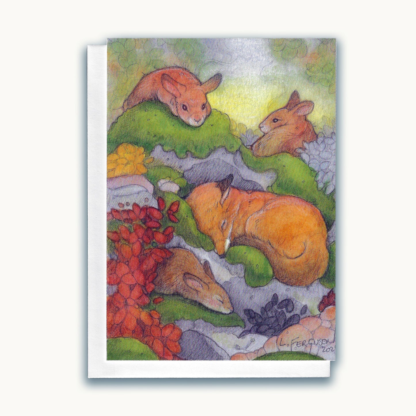 A Time of Rest — Sleeping Fox & Rabbits Woodland Watercolour Greeting Card