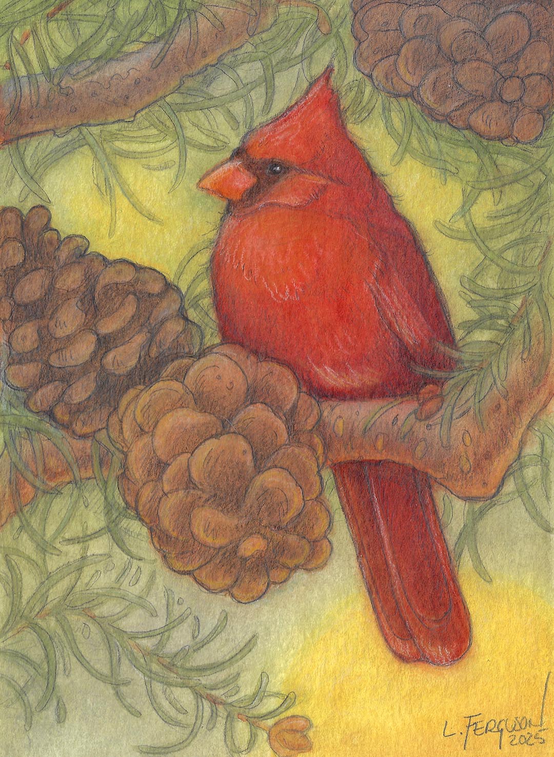 Cardinal in the Pines-Tiny Original Mixed media Art