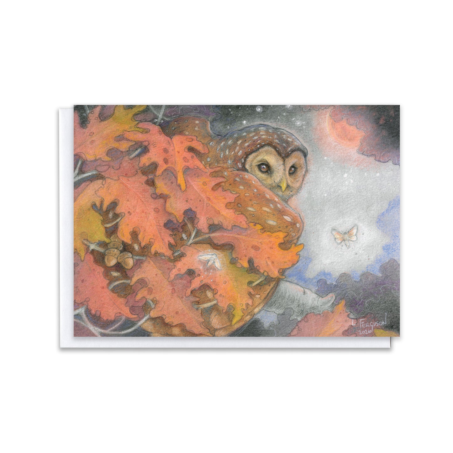 In the Moonlit Forest — Owl & Autumn Oak Leaves Blank Greeting Card