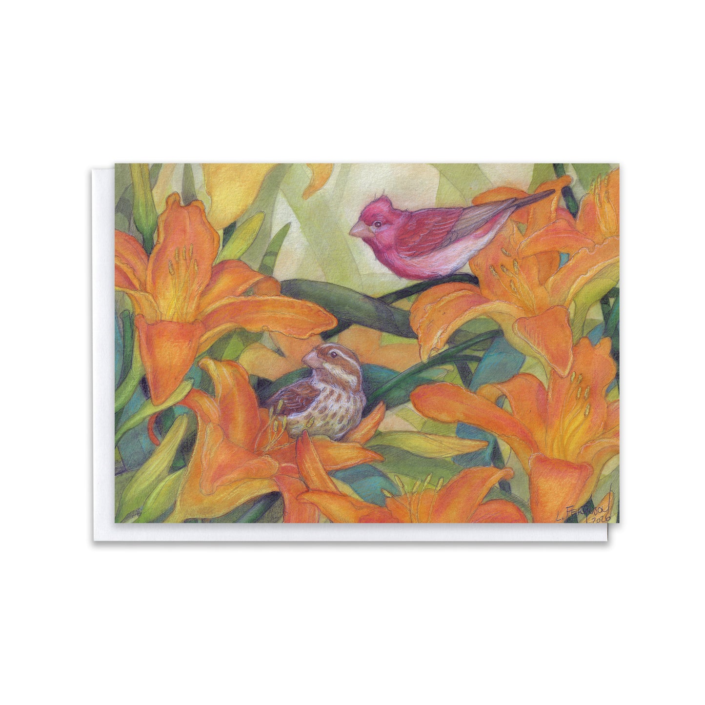 Purple Finches & Daylilies — Songbirds in Bloom Blank Greeting Card