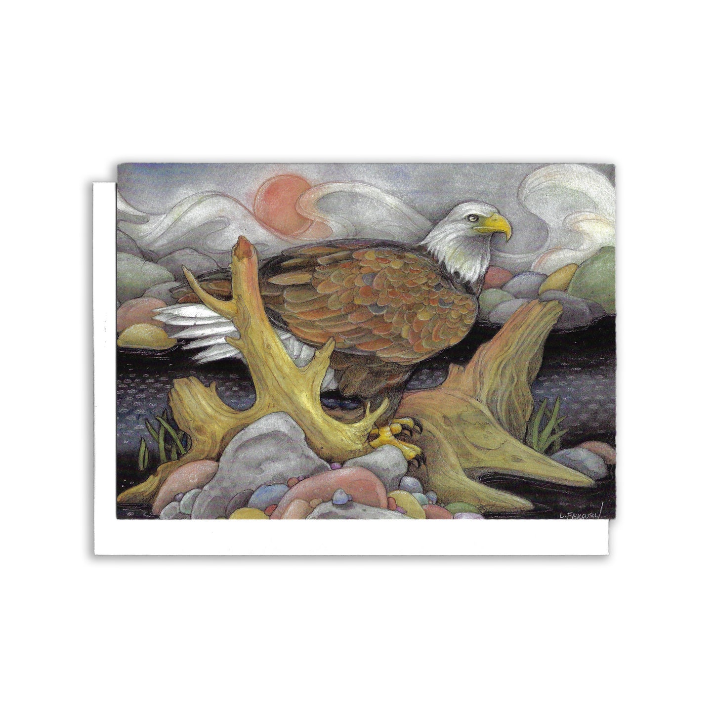 Illustration of bald eagle sitting on driftwood and rocks in the water. The warm summer sun is in the background. the water glistens.