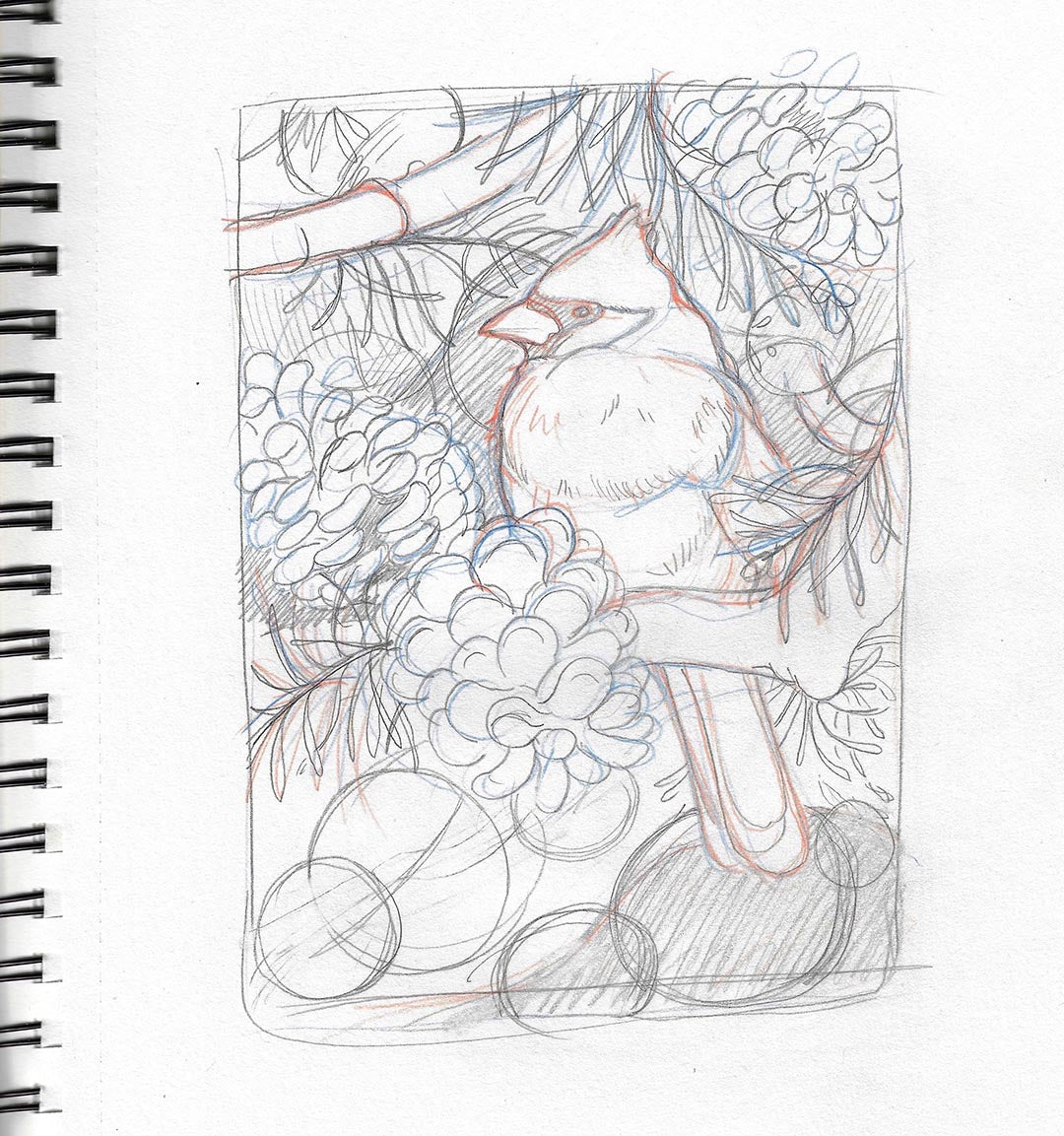 Cardinal in the Pines-Tiny Original Mixed media Art