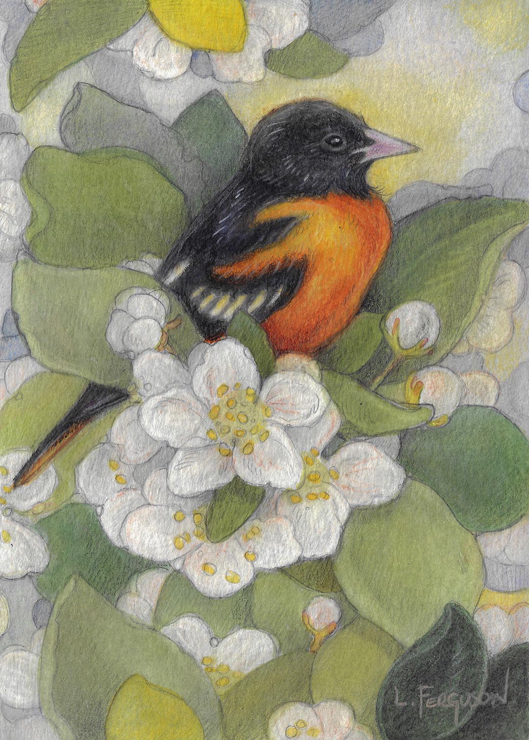 Oriole in the Apple Blossoms- Original Mixed media Tiny Art