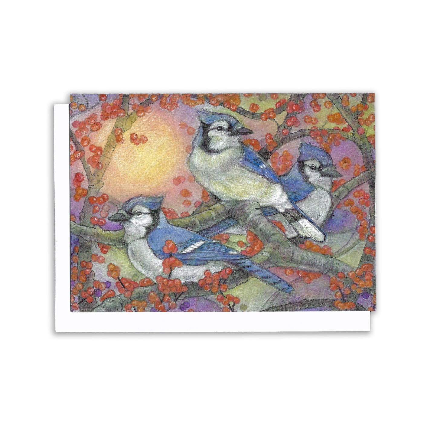 three bluejays sit in a tree bursting with red berries. The sun glows yellow through the trees. Background is purple. Very vibrant