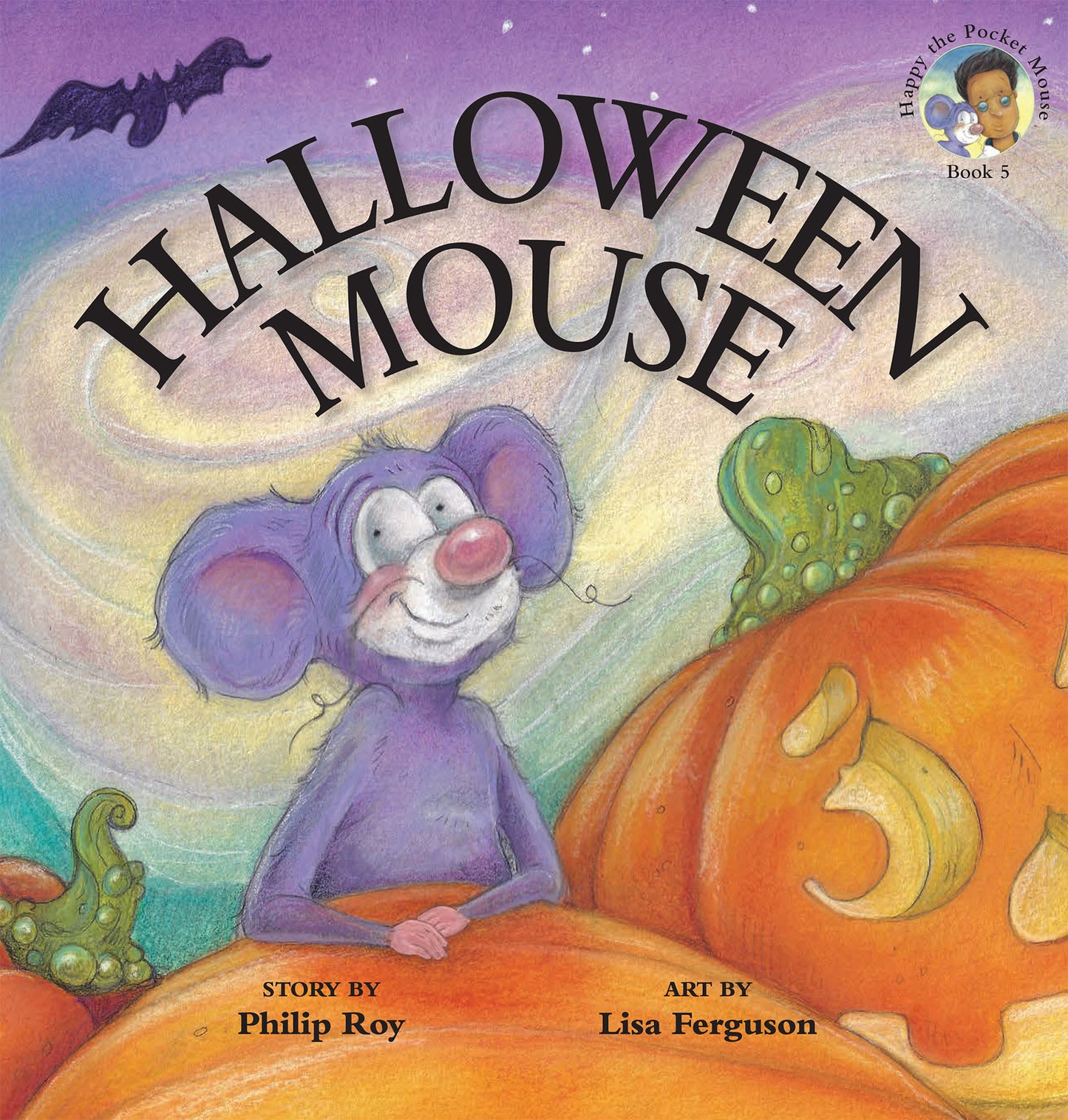 Book cover of a small purple mouse sitting with Halloween Jack o Lanterns