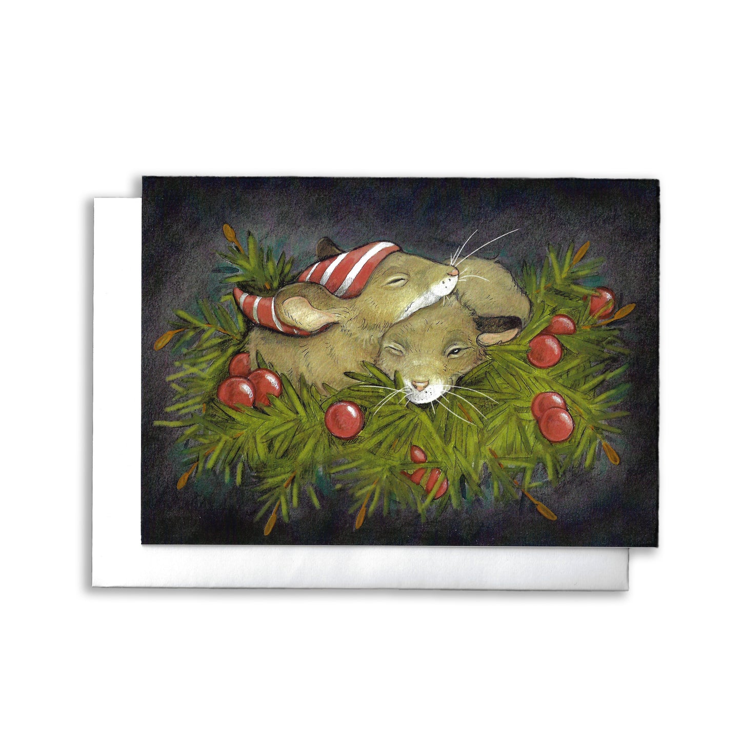 two sweet mice wearing red and white sleeping hats, snuggling together on some green pine branches. Red berries surround them.