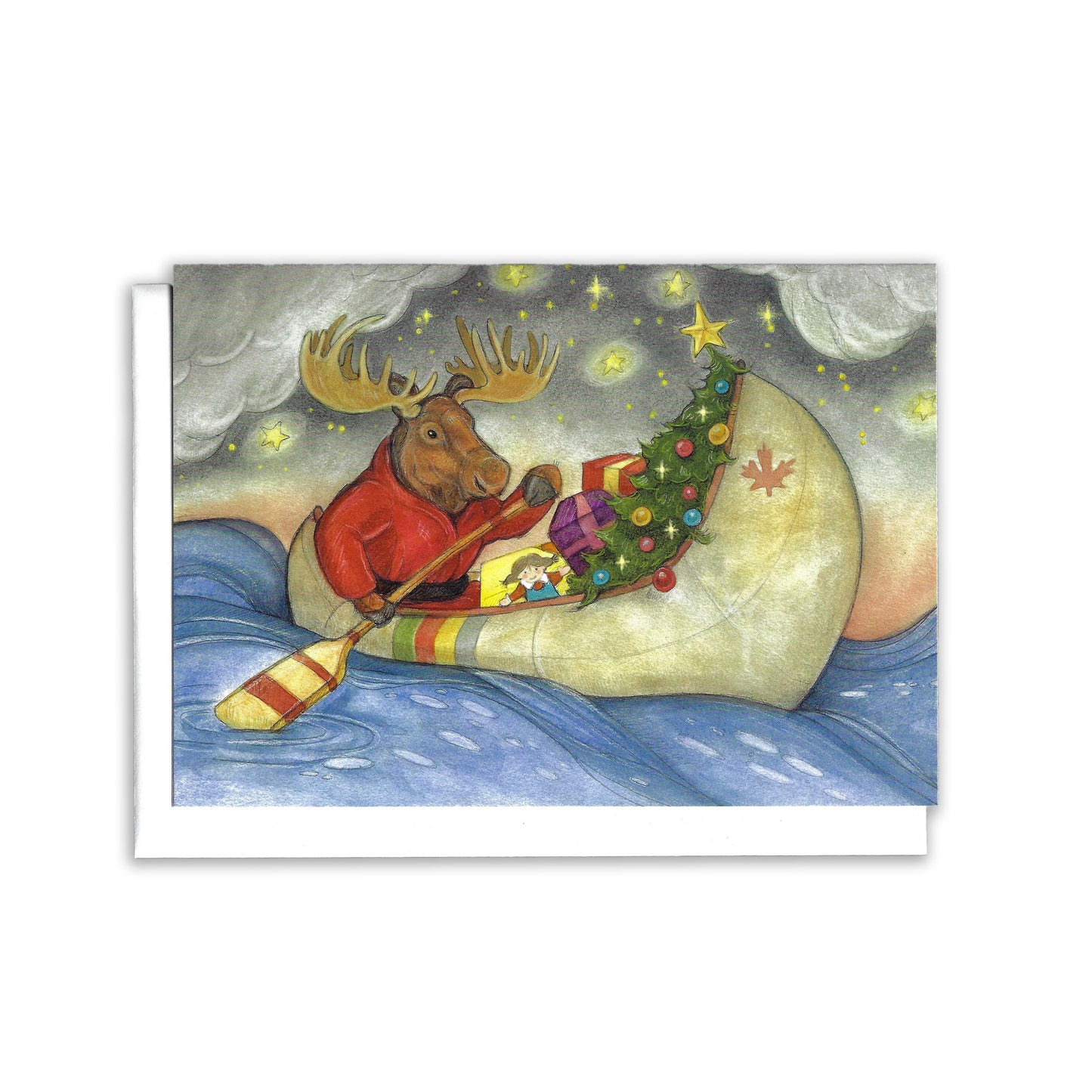 a moose travels in a canoe filled with Christmas cheer. Canoe has hudson bay stripes and a maple leaf painted on side.