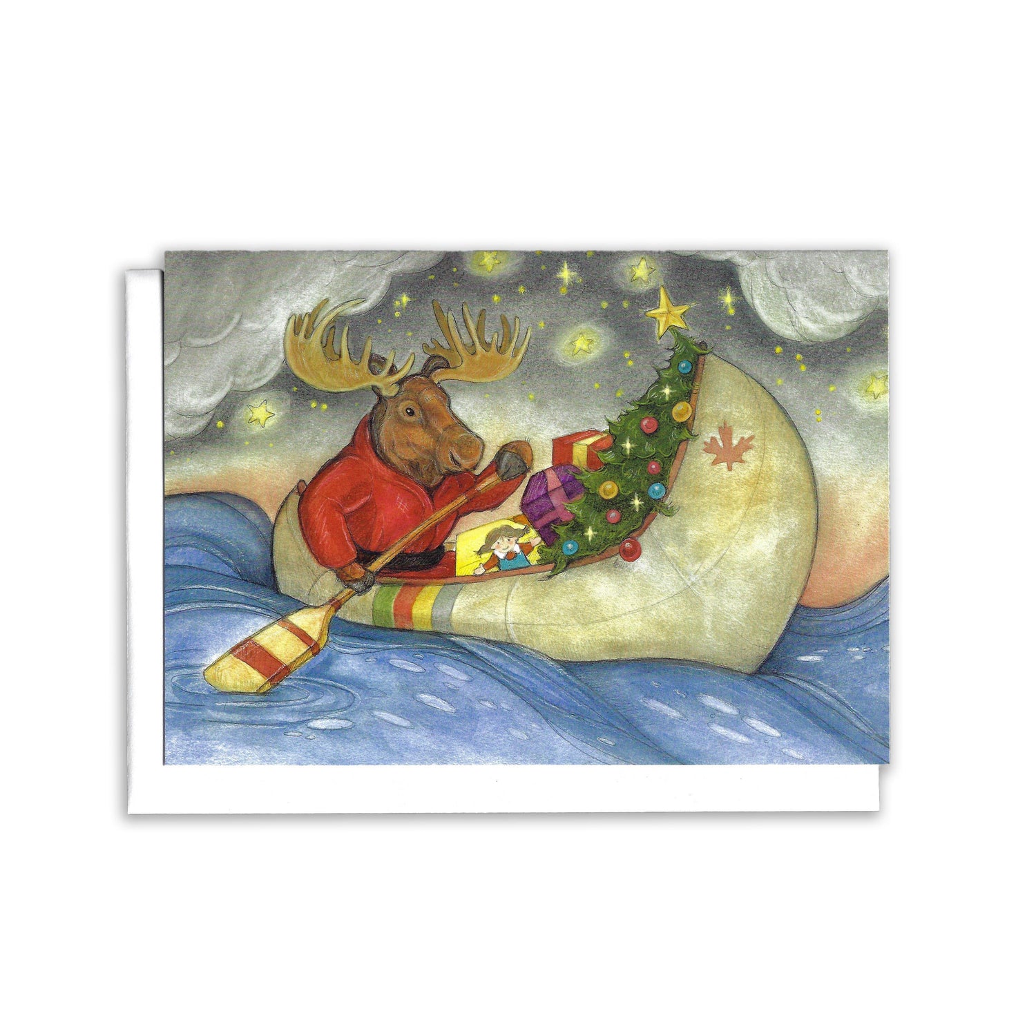a moose travels in a canoe filled with Christmas cheer. Canoe has hudson bay stripes and a maple leaf painted on side.