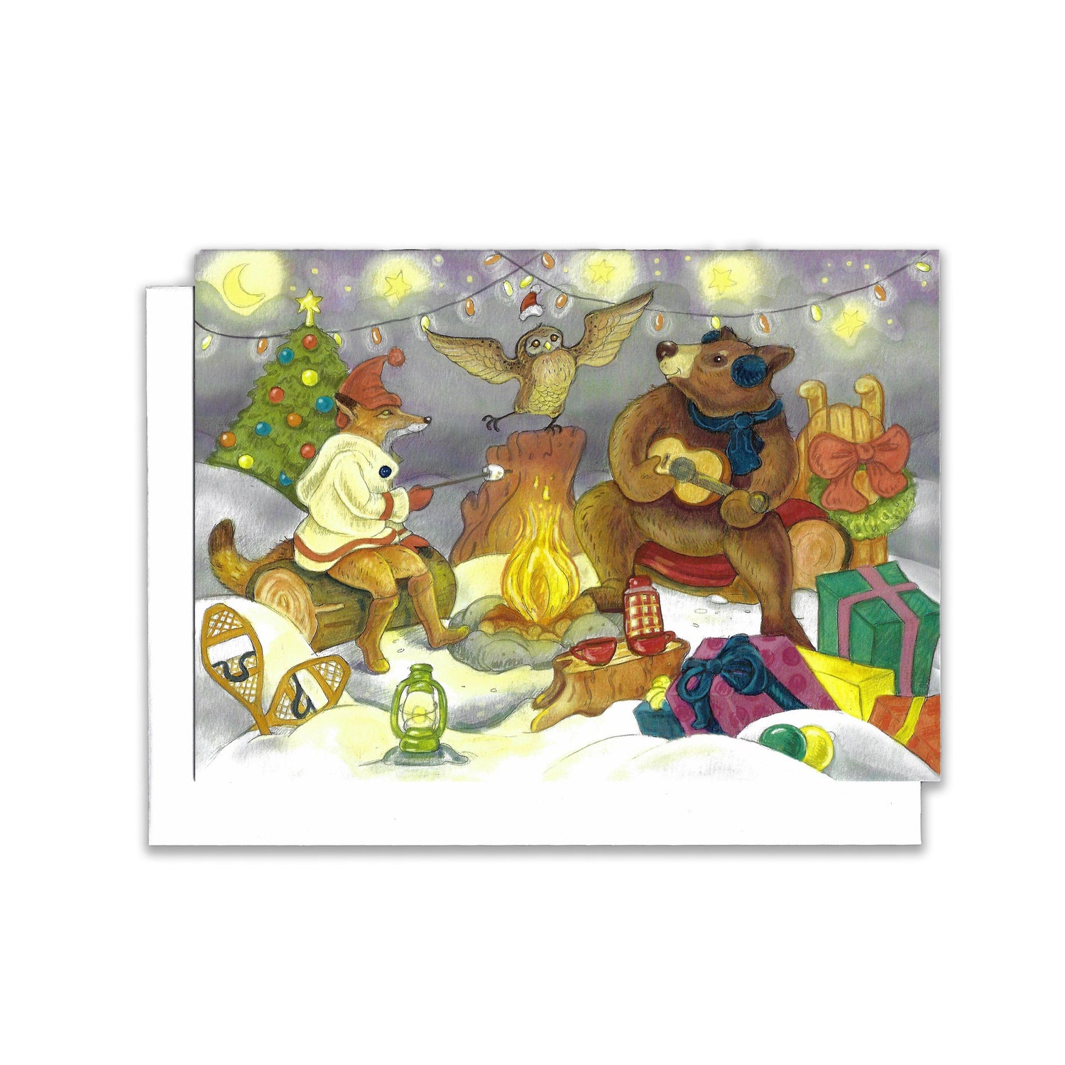 a group of woodland animals gathered around a cozy campfire, a bear strums a guitar while the others join in singing and clapping. Christmas trees in back ground. Gifts surround the group