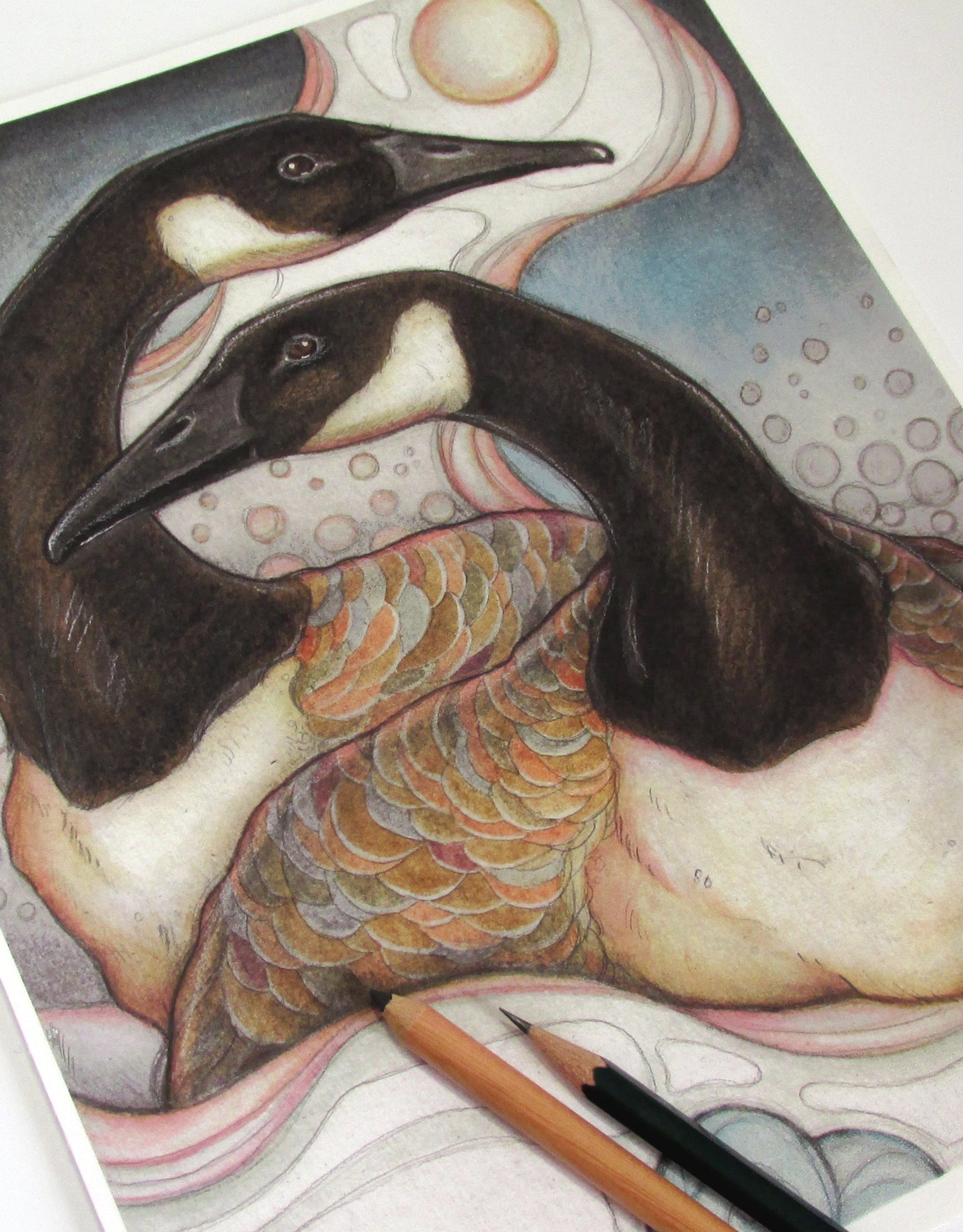 An illustrated art print of two stylized canadian geese sitting in the snow. Water swirls beneath the snow.