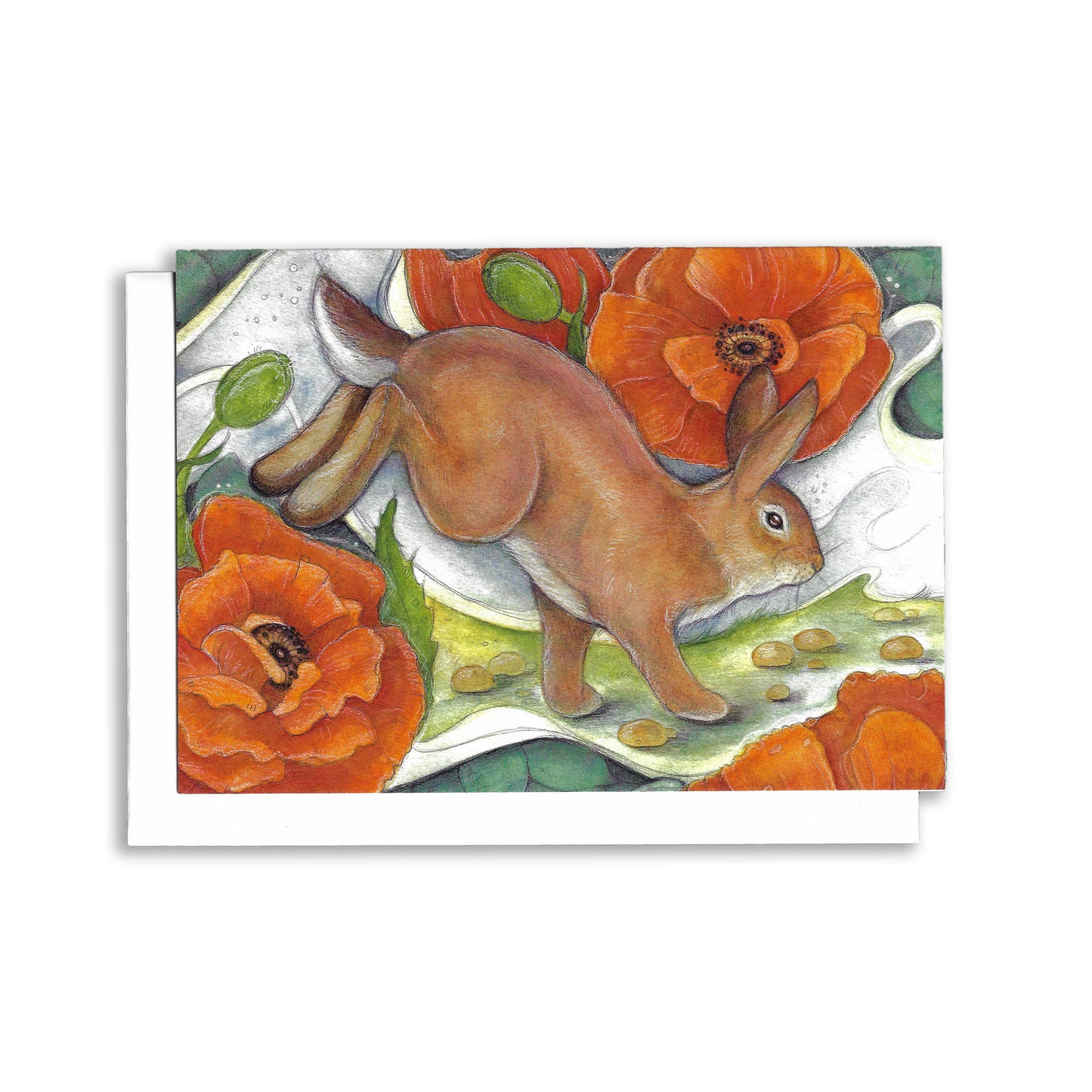 Little brown rabbit hops through a garden with oversized poppies.