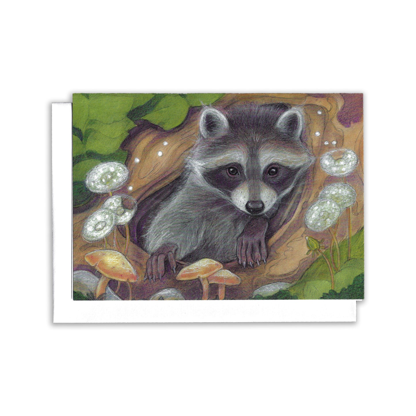a little raccoon peeks out from a hole in a log. Surrounded by mushrooms and dandelions.