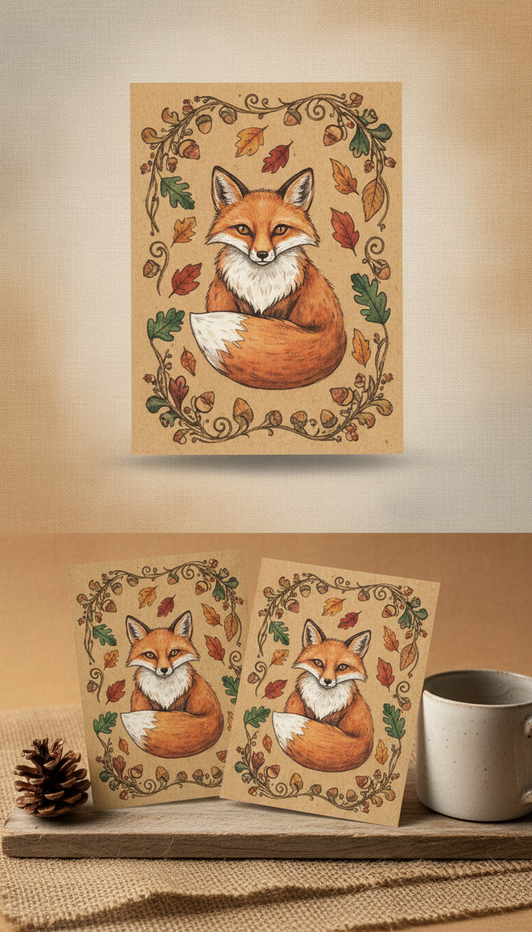 Greeting Card with Fox in Autumn Leaves
