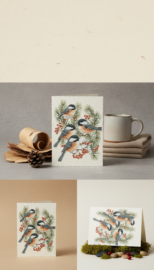 Greeting Card with Chickadees & Pine Boughs