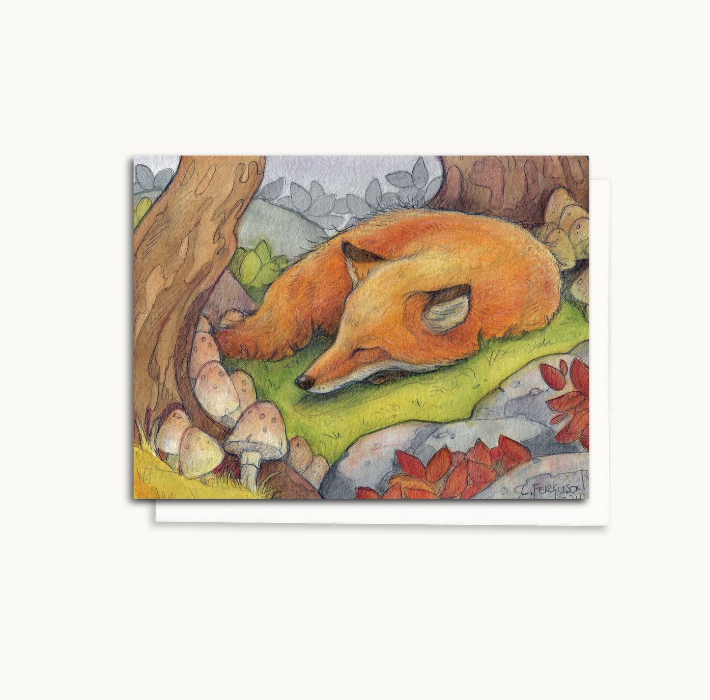 Afternoon Nap — Sleeping Fox & Woodland Mushrooms Watercolour Greeting Card