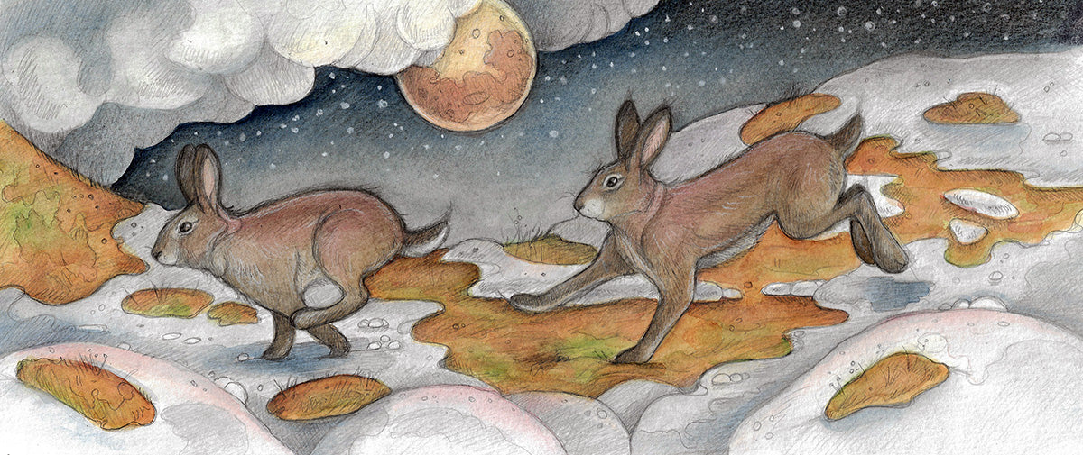 One of Lisa Ferguson's original artworks of two rabbits hopping through the snow.