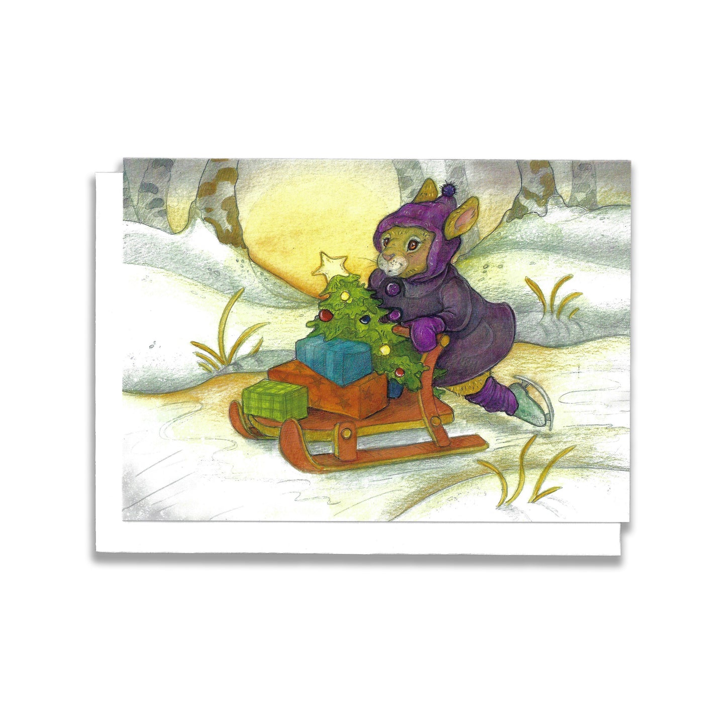 An illustrated chritmas card featuring a rabbit dressed  in water coat and hat. She skates on the ice covered creek, pushing a sled  filled with gifts and a tiny christmas tree.