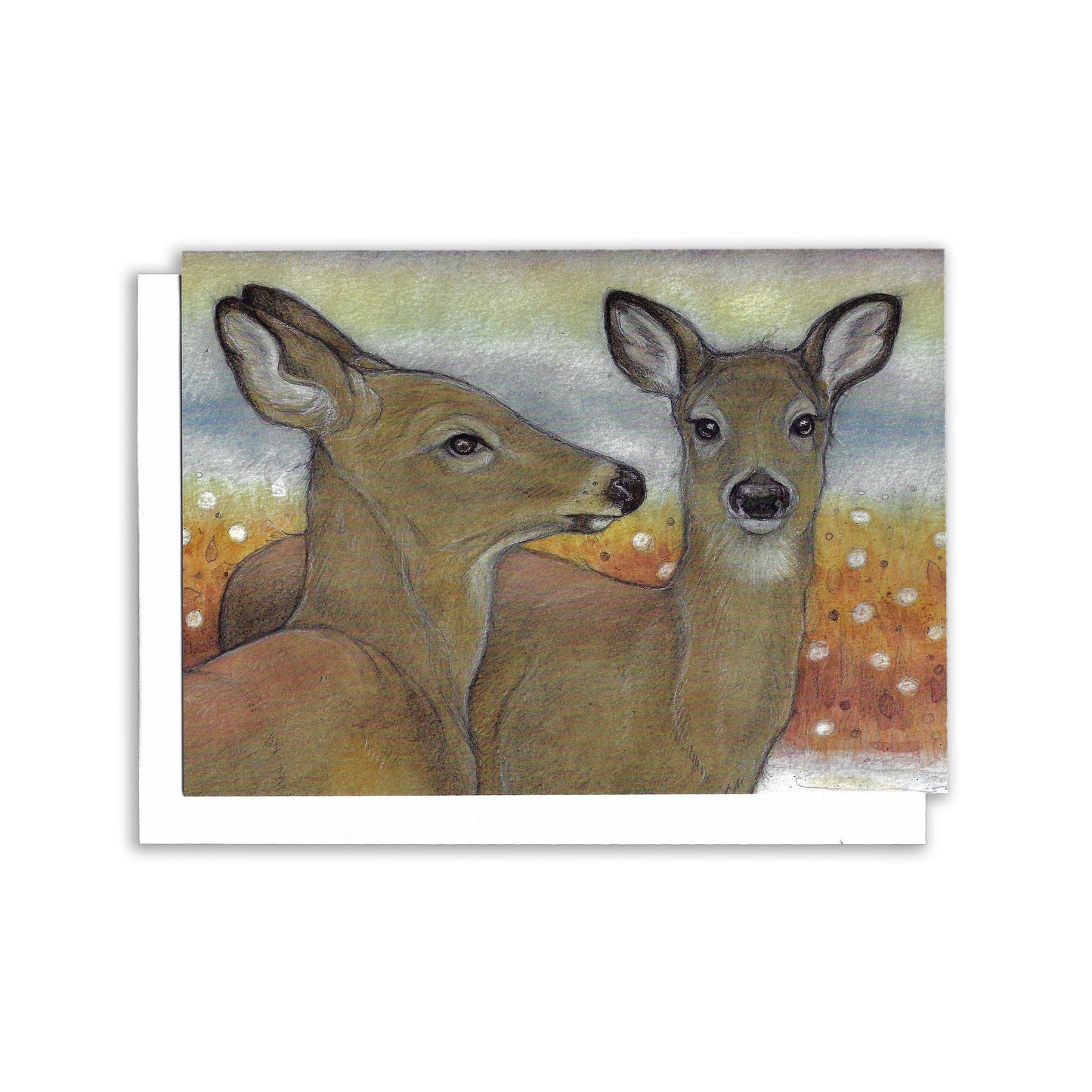 illustrated Greeting Card of two white tailed deers with snowflakes falling 