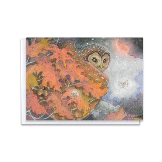 In the Moonlit Forest — Owl & Autumn Oak Leaves Blank Greeting Card
