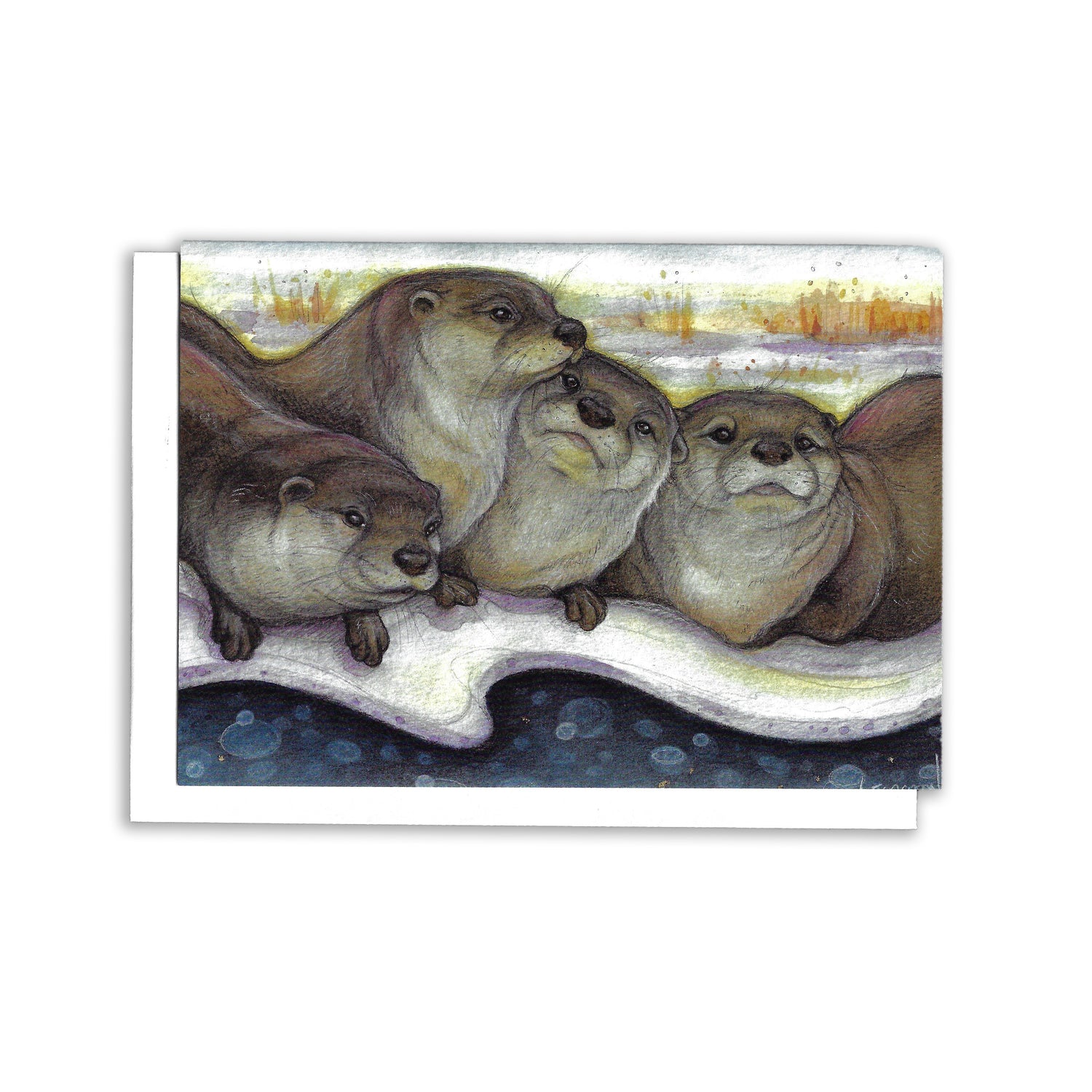 Illustration of four river otters huddled together on the ice overlooking the water