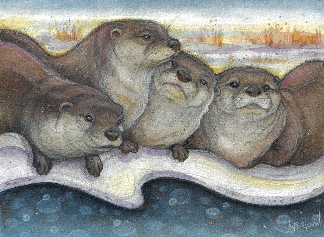 Illustration of four river otters huddled together on the ice overlooking the water