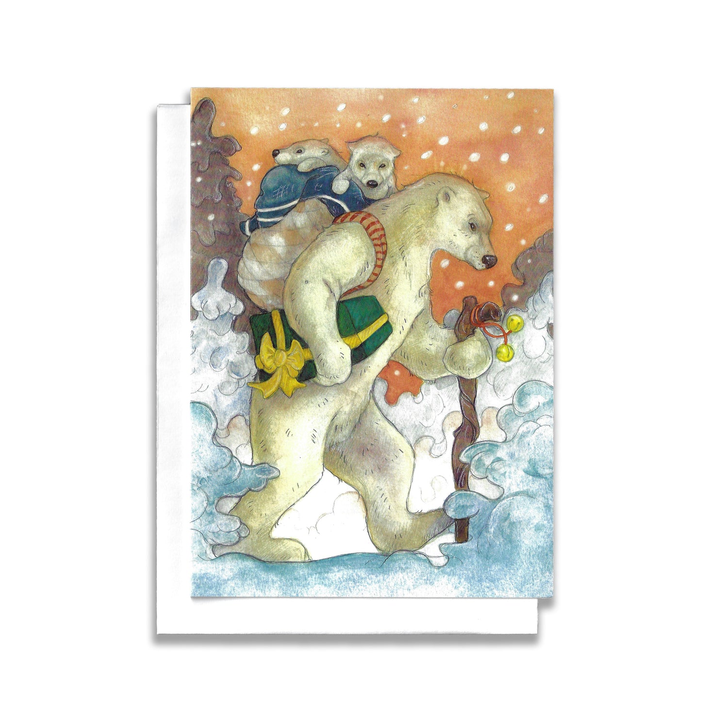 An illustrated Christmas cards of a polar bear carrying cubs  on back and a gift under arm.