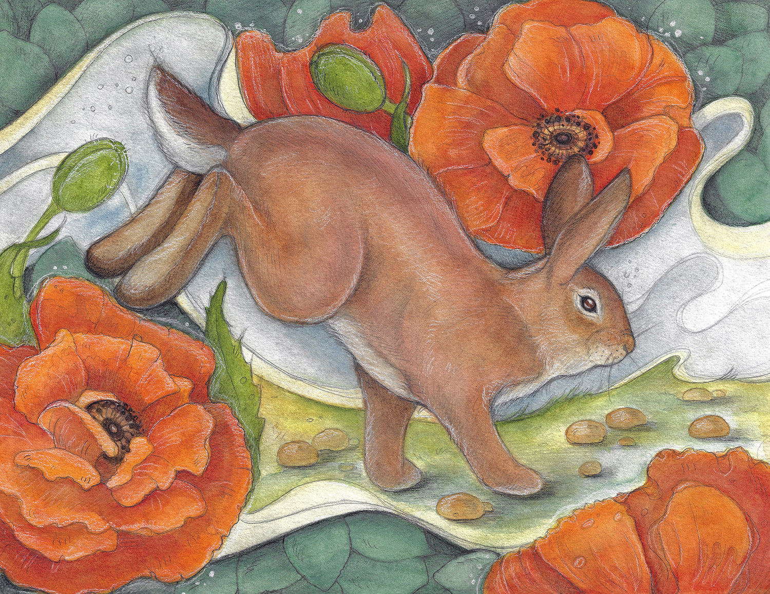An illustration of a rabbit hopping between red flowers.