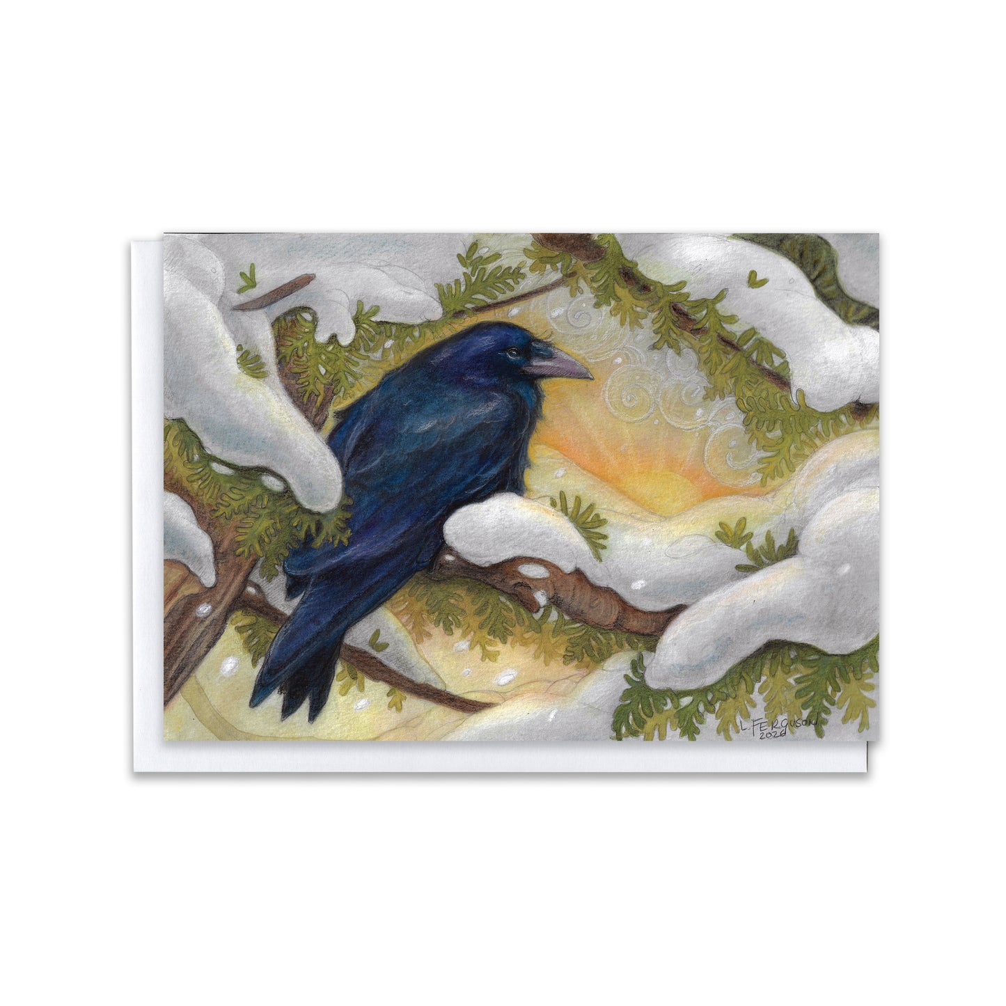Waiting for the Sun — Crow in Winter Cedar Blank Greeting Card