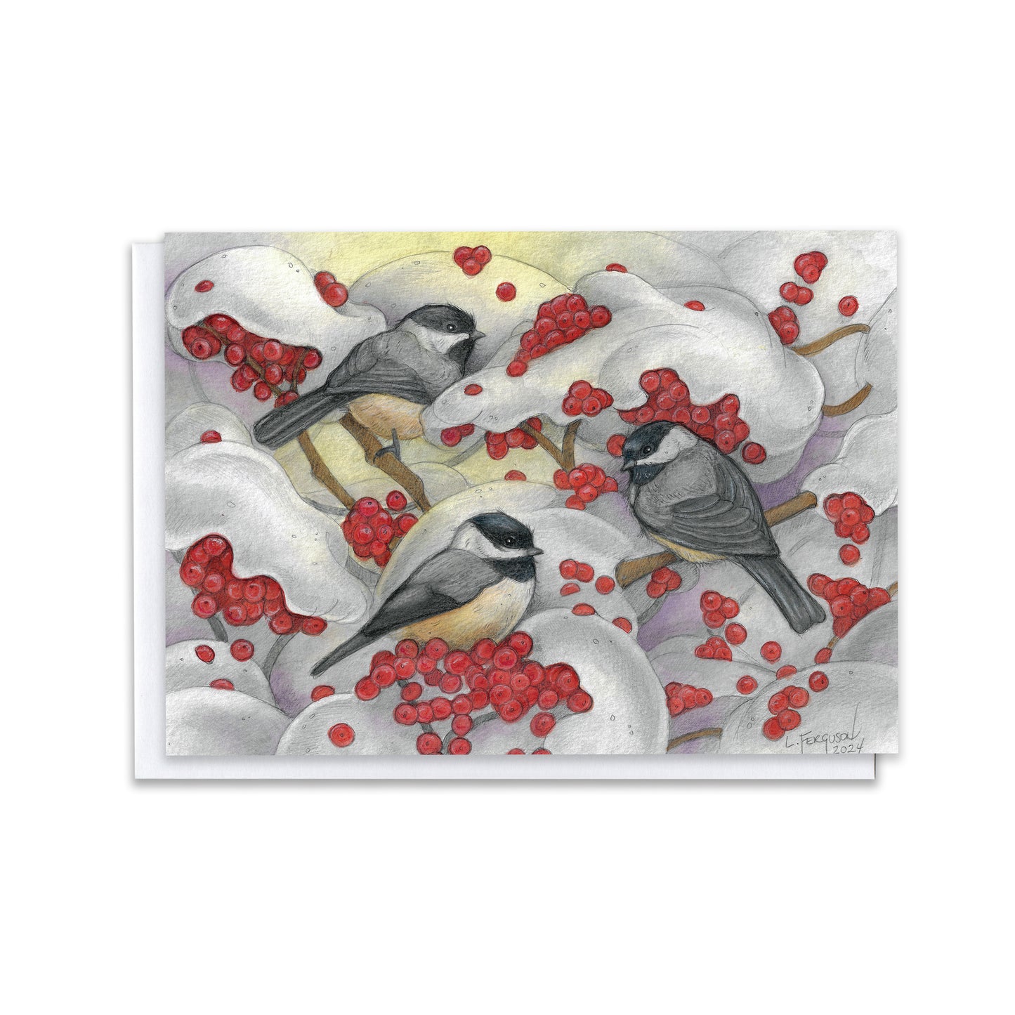 Winter Bounty — Chickadees & Snow-Covered Berries Blank Greeting Card