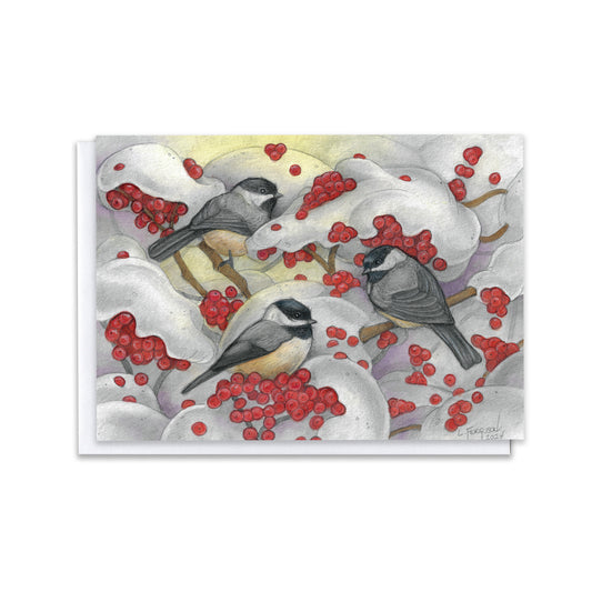Winter Bounty — Chickadees & Snow-Covered Berries Blank Greeting Card