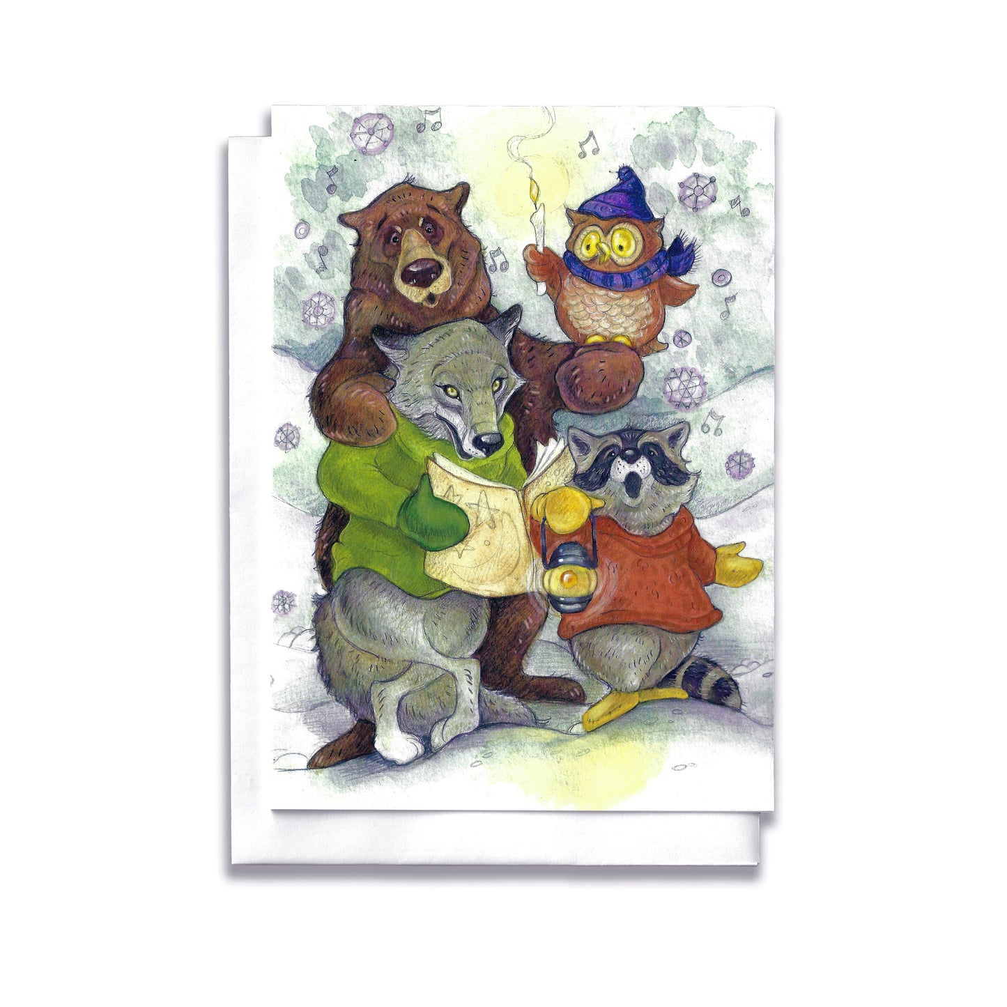An illustrated christmas card of a bear, wolf, raccoon and owl together singing Christmas Carols in the forest.