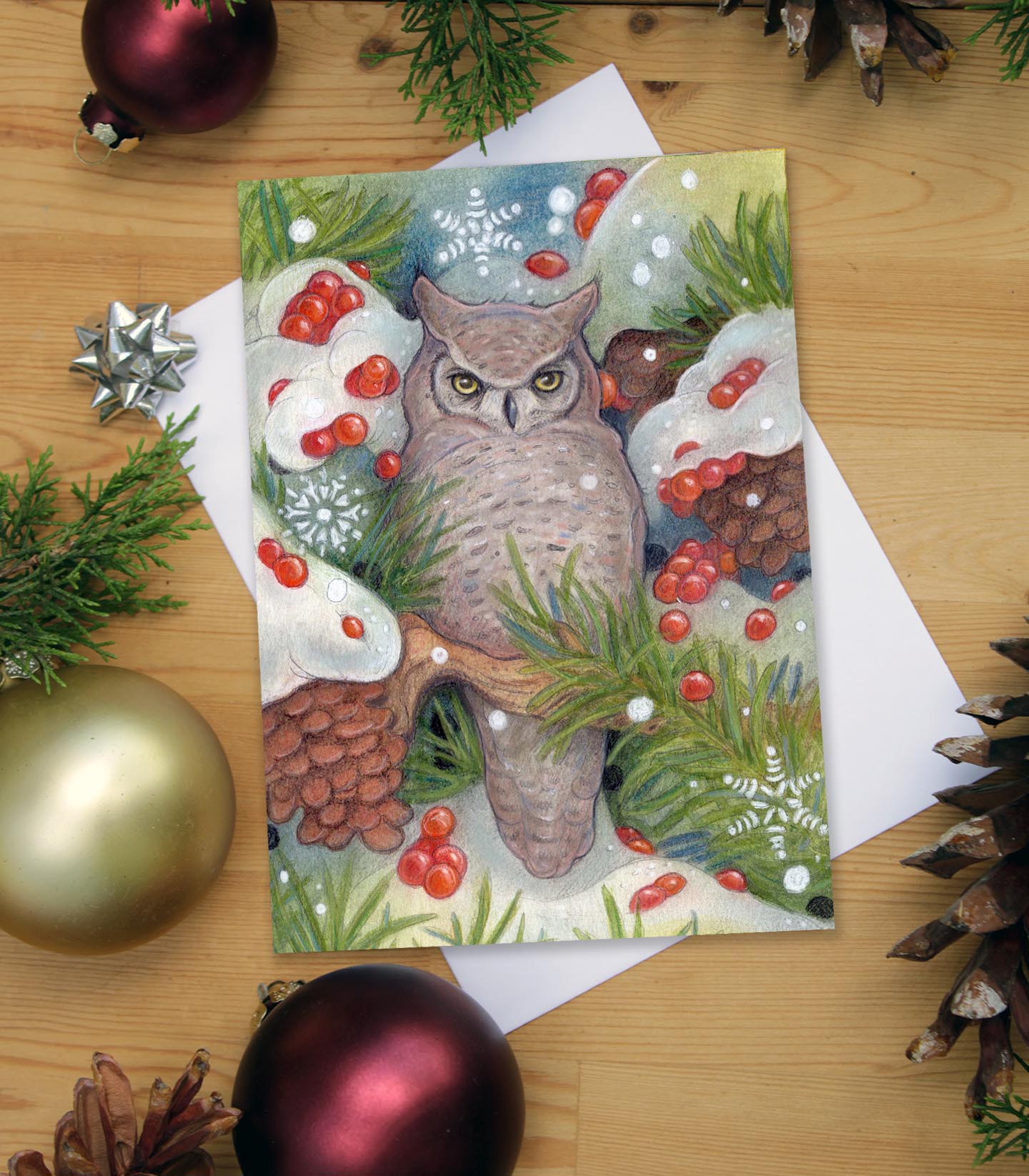 Winter Watcher Greeting Card — Owl Art
