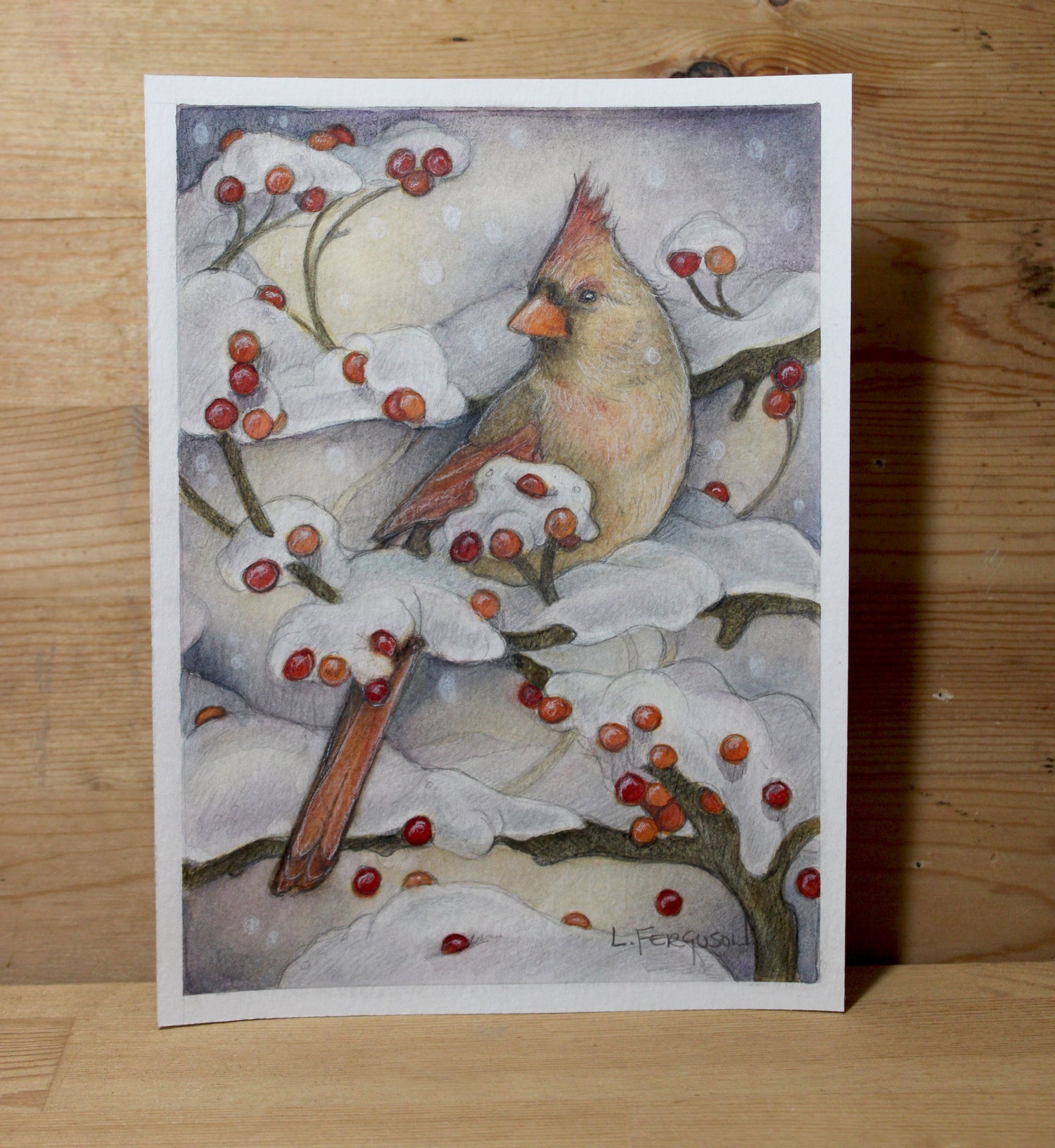 Tiny art featuring female Northern Cardinal sitting in tree with winter berries