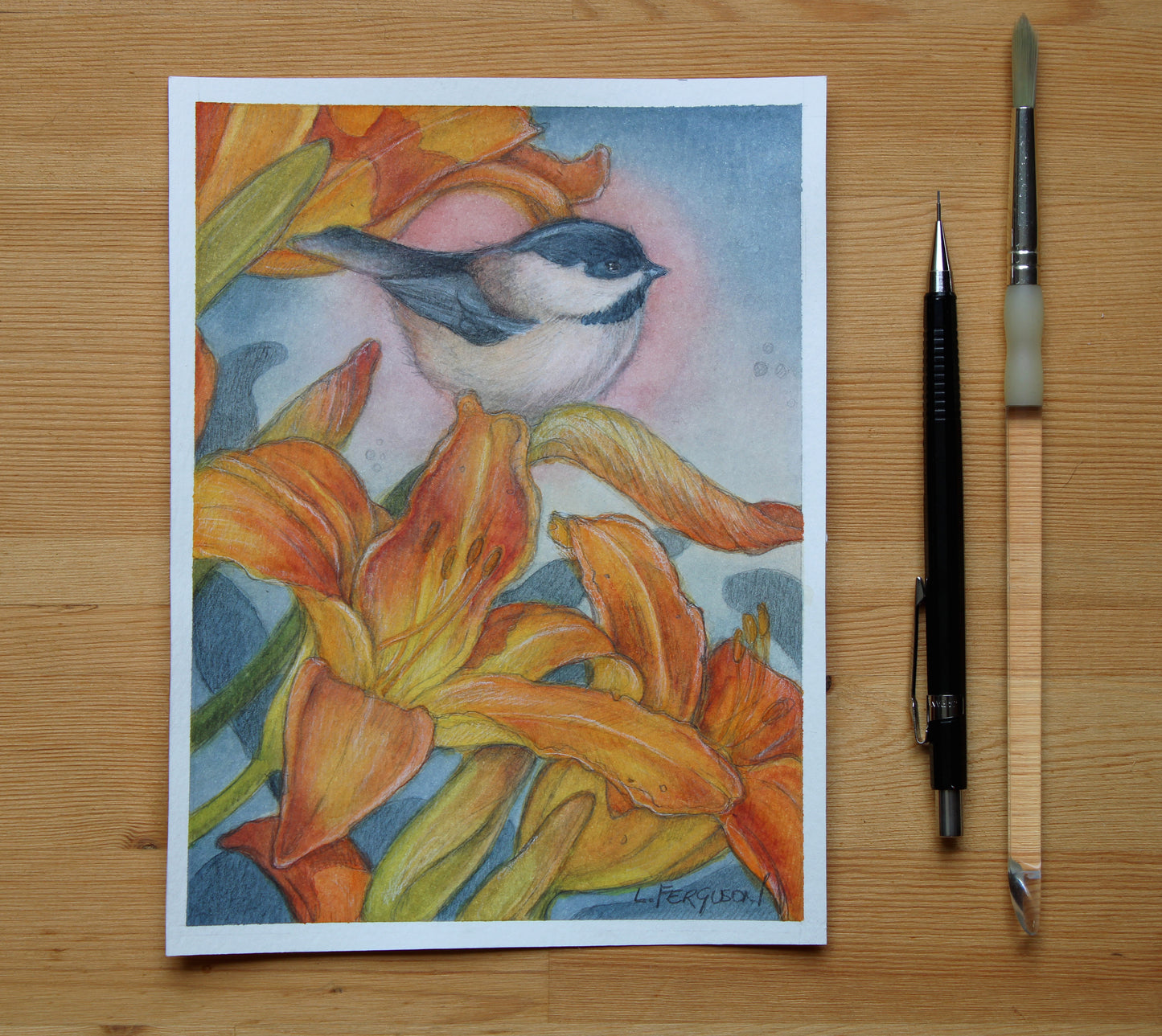 Chickadee on Day Lily small mixed media painting