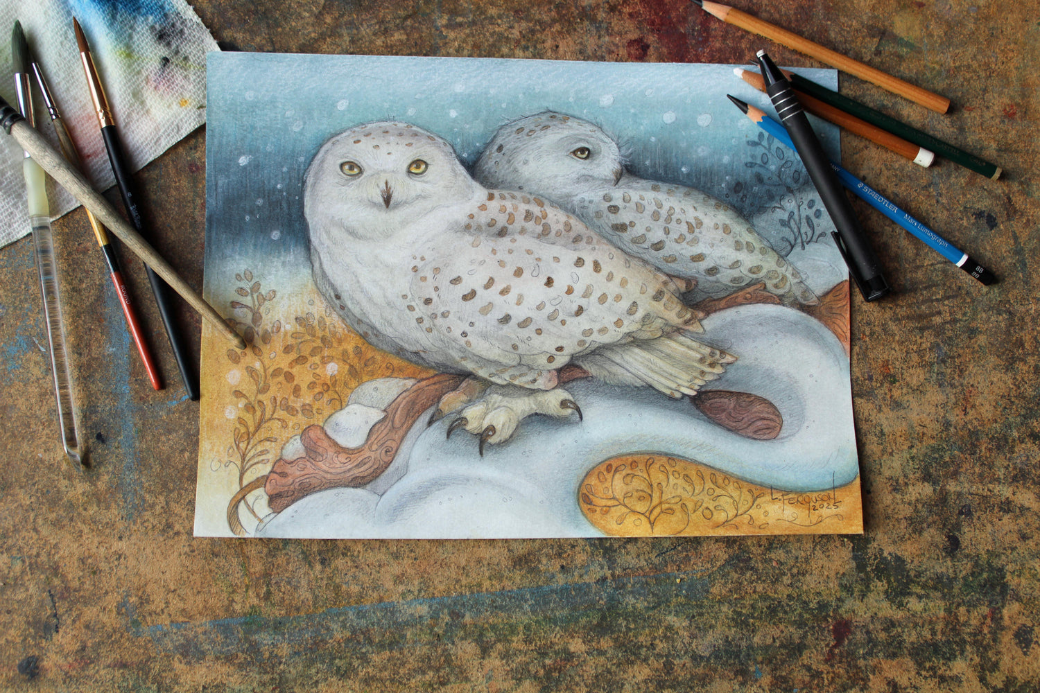 Close Up, Detail of mixed media artwork titled 'Stillness of Winter' featuring two snowy owls resting in a serene winter landscape. Created with watercolour paint, graphite pencil, charcoal, and conte on heavy cold-pressed watercolour paper, measuring 9x12 inches.