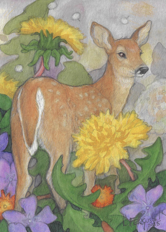 Fawn and the Wildflowers- Original Mixed media Tiny Art