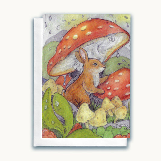Summer Rain — Whimsical Rabbit & Mushroom Watercolour Art Card