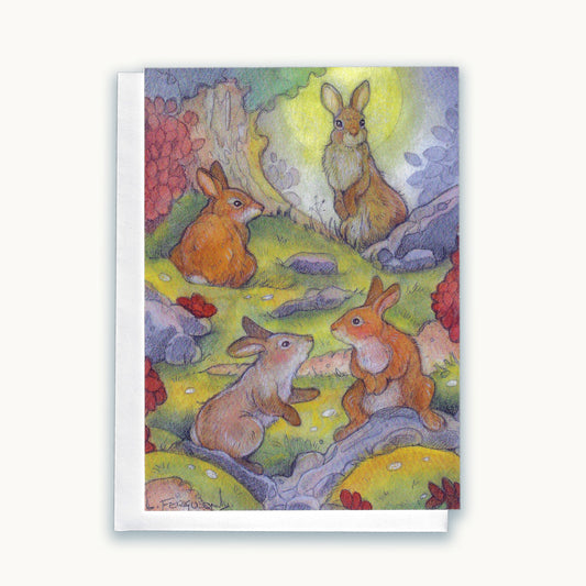 The Gathering — Whimsical Rabbit Gathering Watercolor Greeting Card