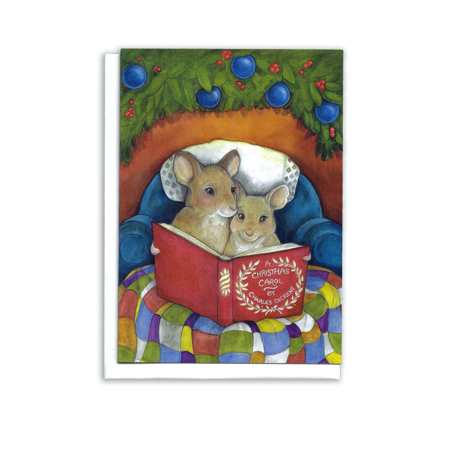 A Christmas illustration of a mom and child mouse cuddling together  while reading a book  titled A Christmas Carol