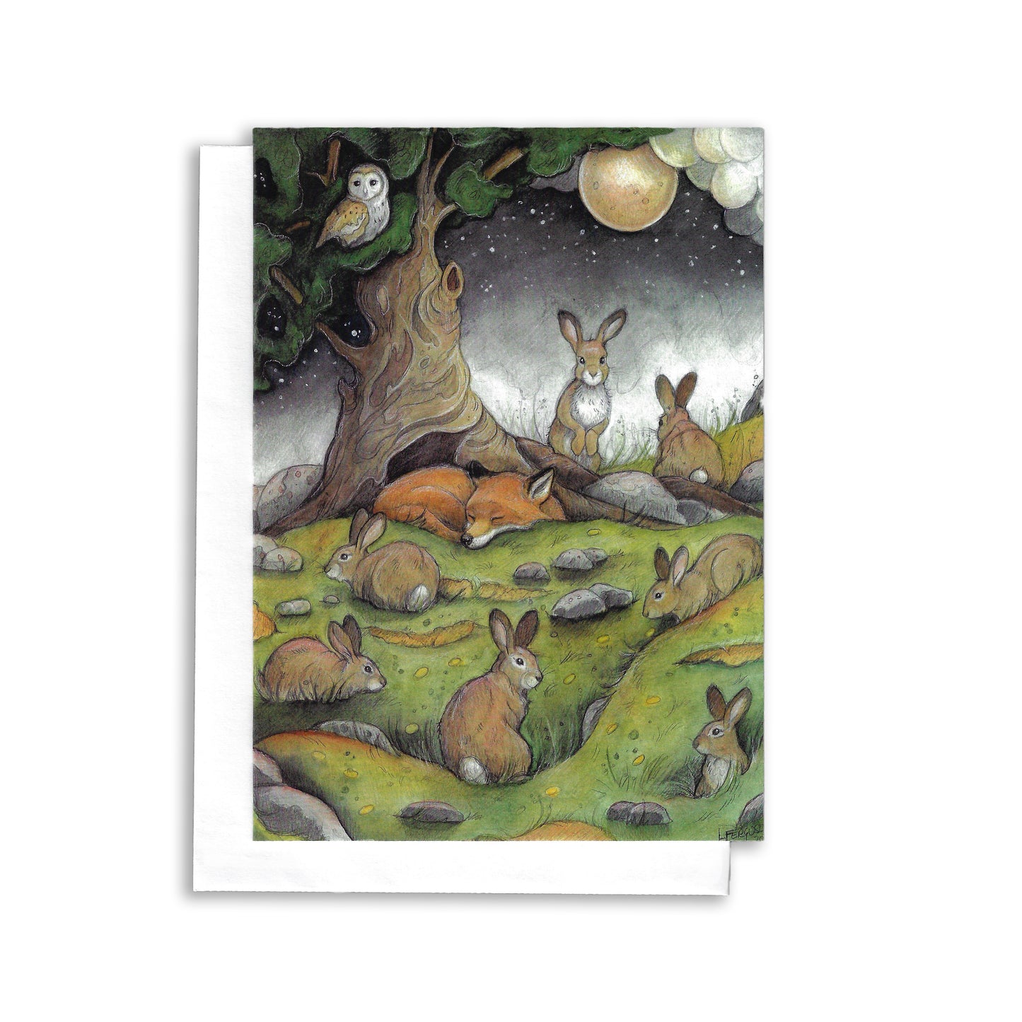 an illustrated greeting card of a fox sleeping by a tree under a full moon. Many rabbits surround the sleeping fox . A barn owl sits in the tree.