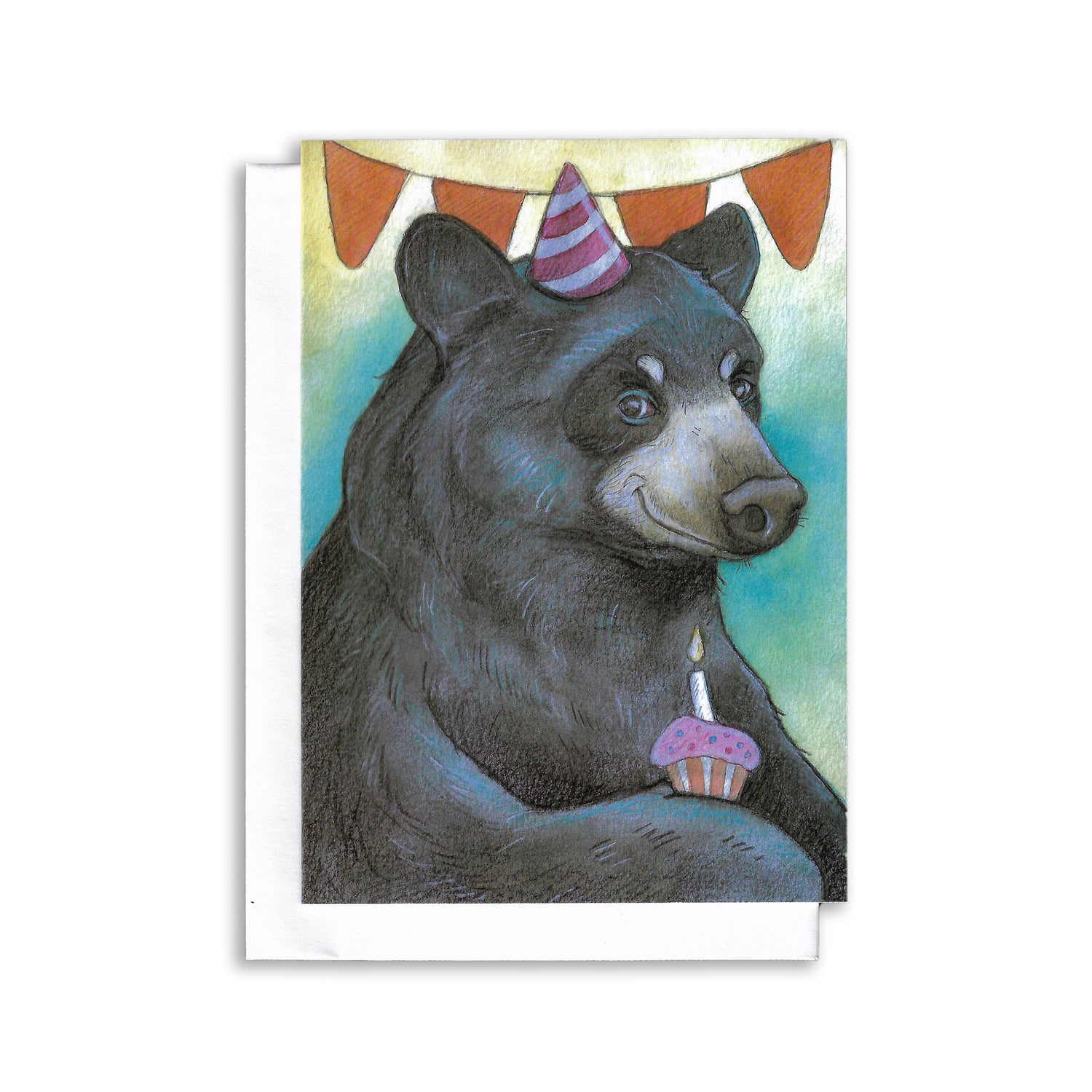 An illustrated  birthday greeting card showing a happy black bear wearing a birthday hat and holding a pink cupcake with one candle. A banner of red flags is in the background.