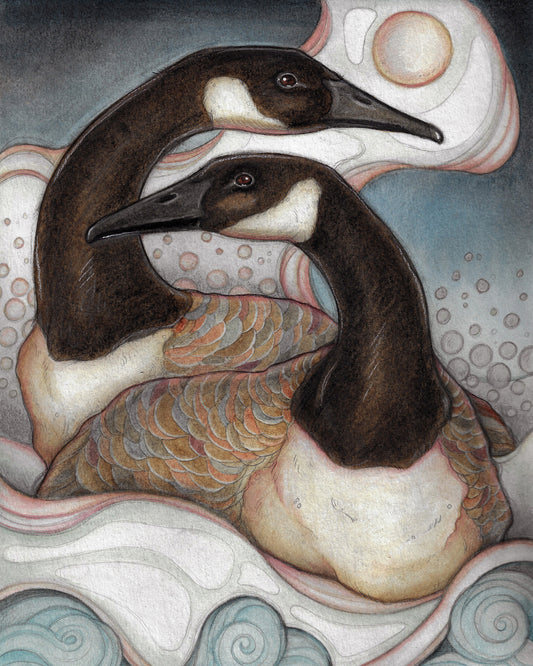 An illustrated art print of two stylized canadian geese sitting in the snow. Water swirls beneath the snow.