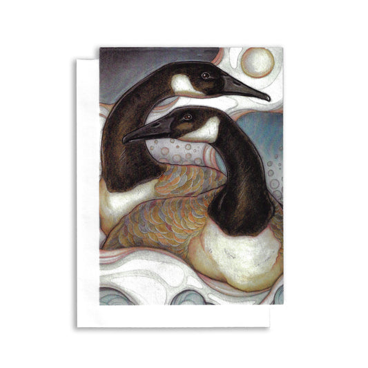 An illustrated greeting card of two stylized canadian geese sitting in the snow.
