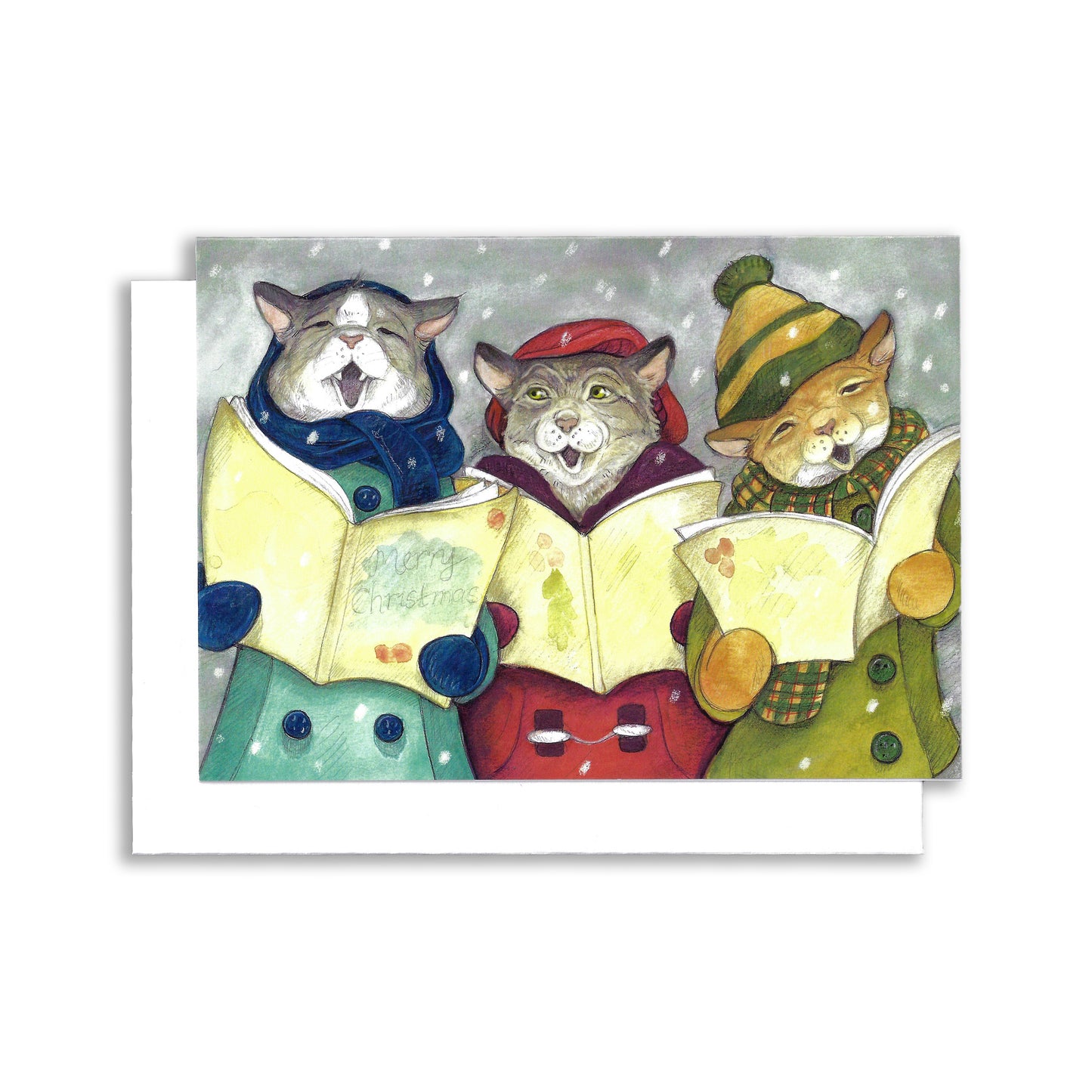 An illustrated vintage style Christmas card showing three cats singing christmas carols. The snow falls around them.