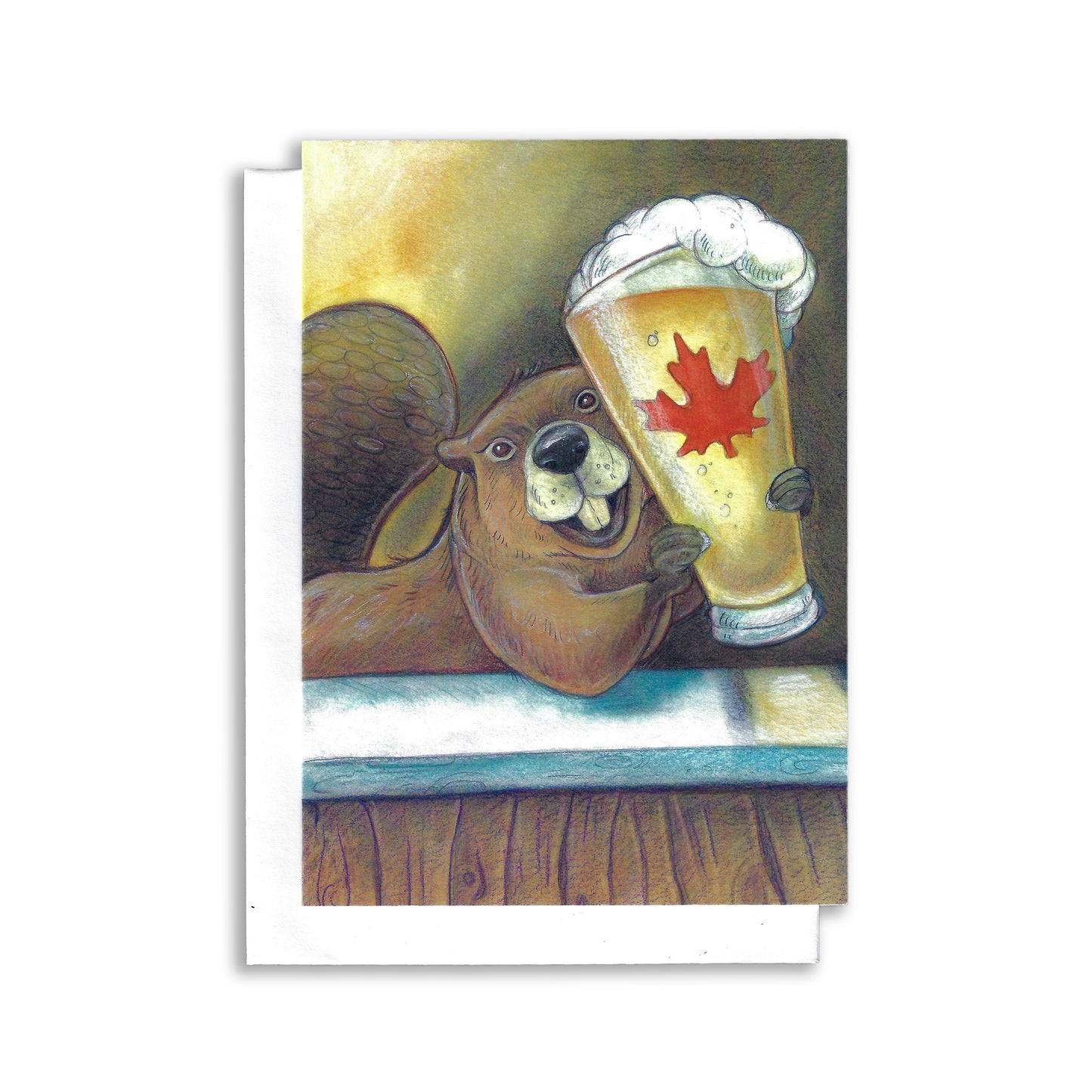 An illustrated Canadian themed greeting card. A beaver holds up a large glass of beer. There is a maple leaf on the glass.