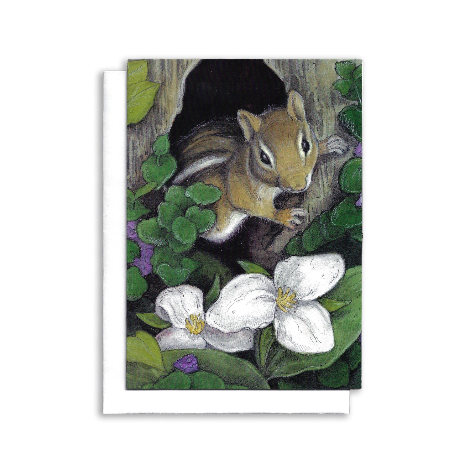 An illustrated greeting card showing a chipmunk peaking out from a tree hollow. There are trilliums and purple flowers in the foreground.
