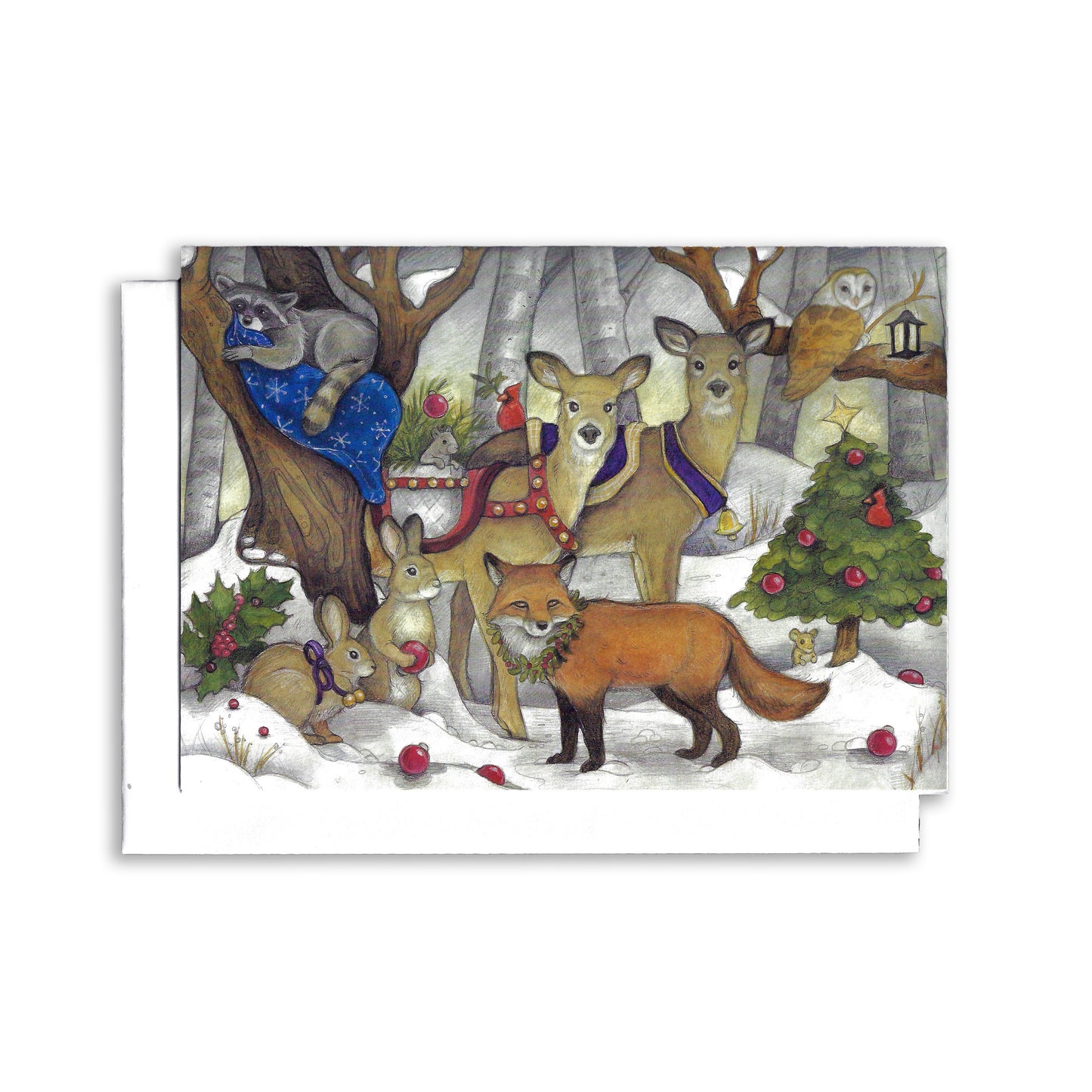 An illustrated Christmas card of animals coming together to celebrate in the forest. There are two deers, 2 rabbits, one fox, one raccoon, one owl, one mouse, one squirrel, one cardinal and one little christmas tree.