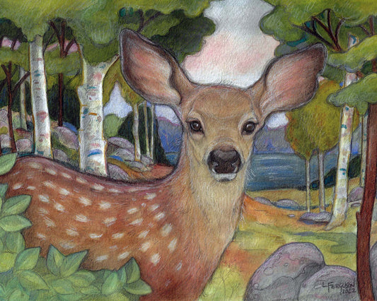 illustration of fawn in birch forest with lake in the background