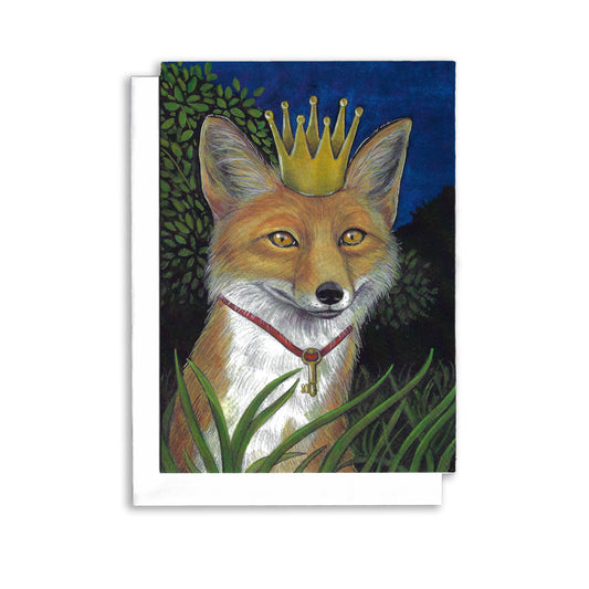 An illustrated greeting card of a fox wearing a crown