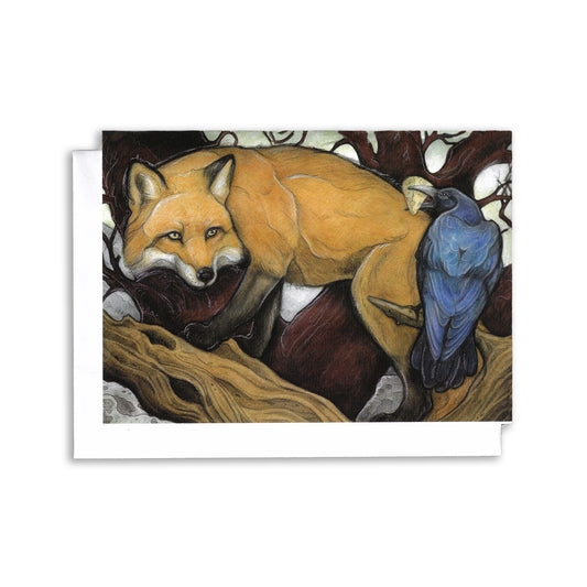 An illustrated greeting card inspired by Aesops fables. A fox in the forest is watching a crow who has a piece of cheese in his mouth.